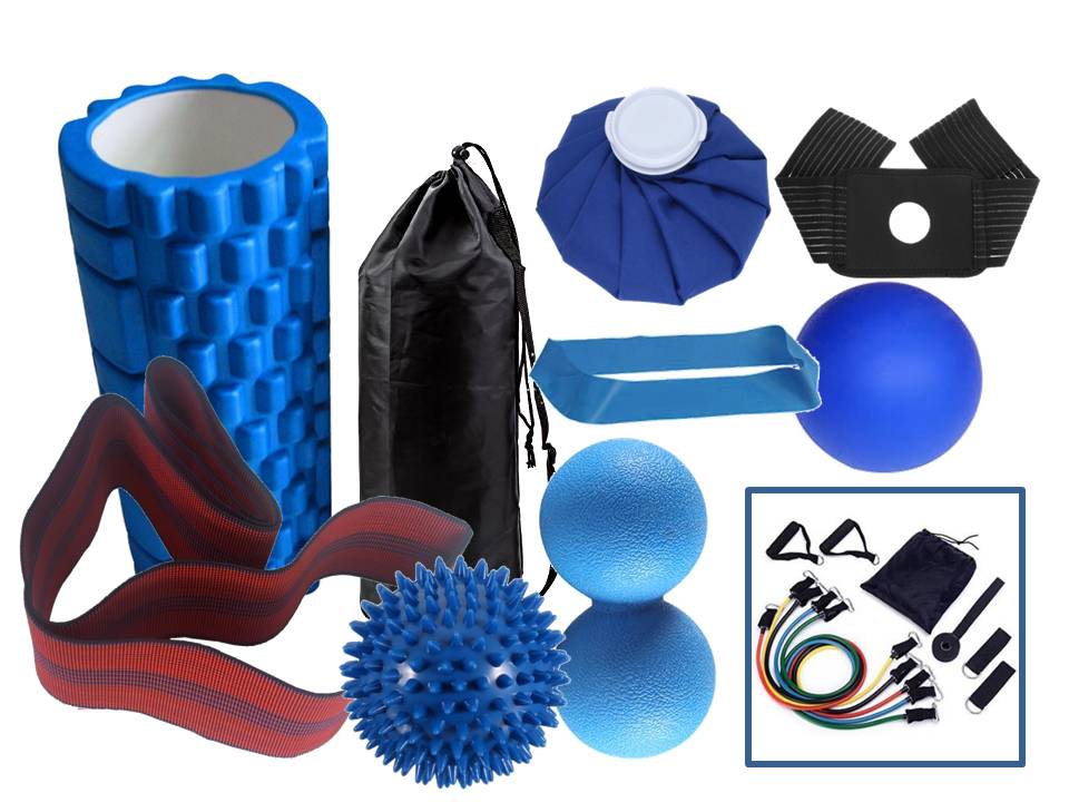 athlets pack 2019 - 10 in 1 Athletes Sports Foam roller Kit, Mini EVA Massage Foam Roller, Spiky massage Ball, Lacrosse Trigger point Ball, Stretching Band, Latex loop Band, 11pc Resistance set, ice pack & wrap